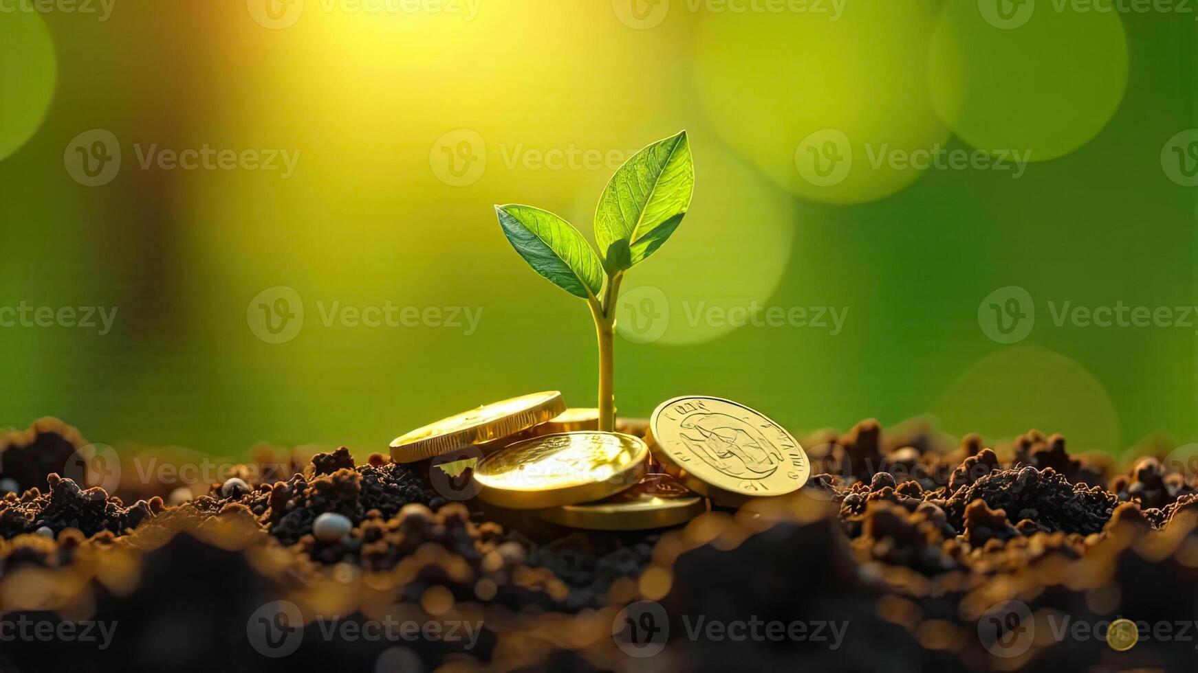 Gold coins and plant sprout on the ground photo
