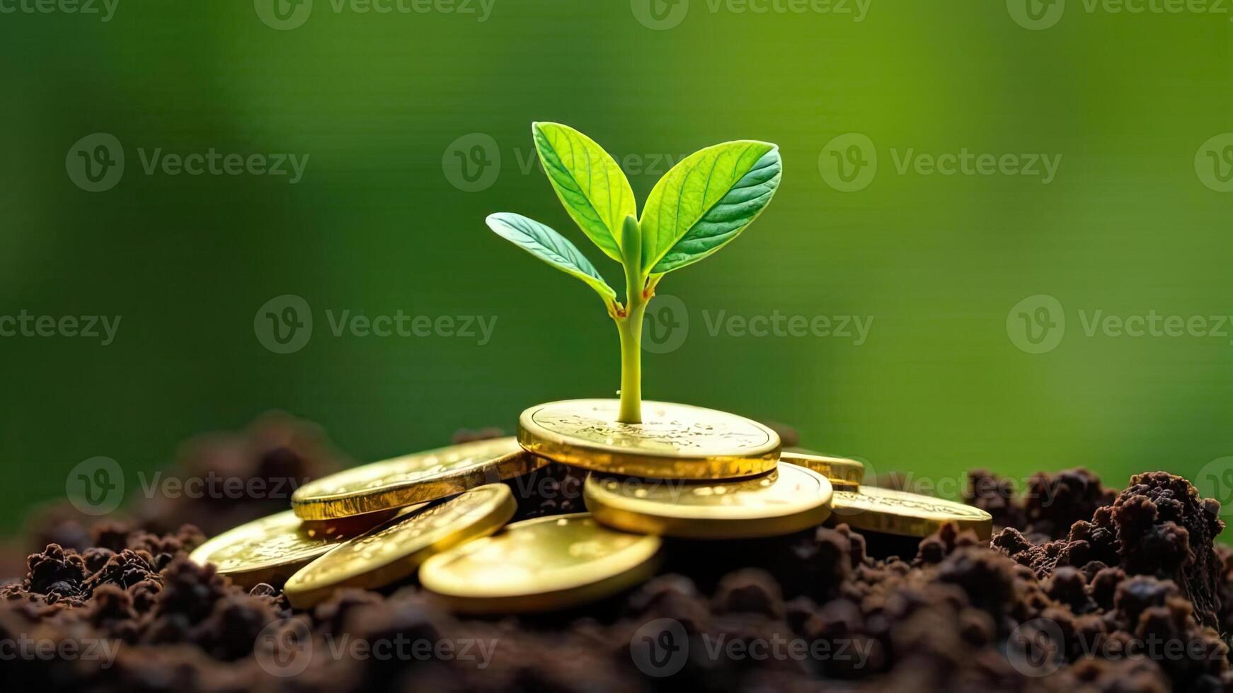 Gold coins and plant growing in soil photo