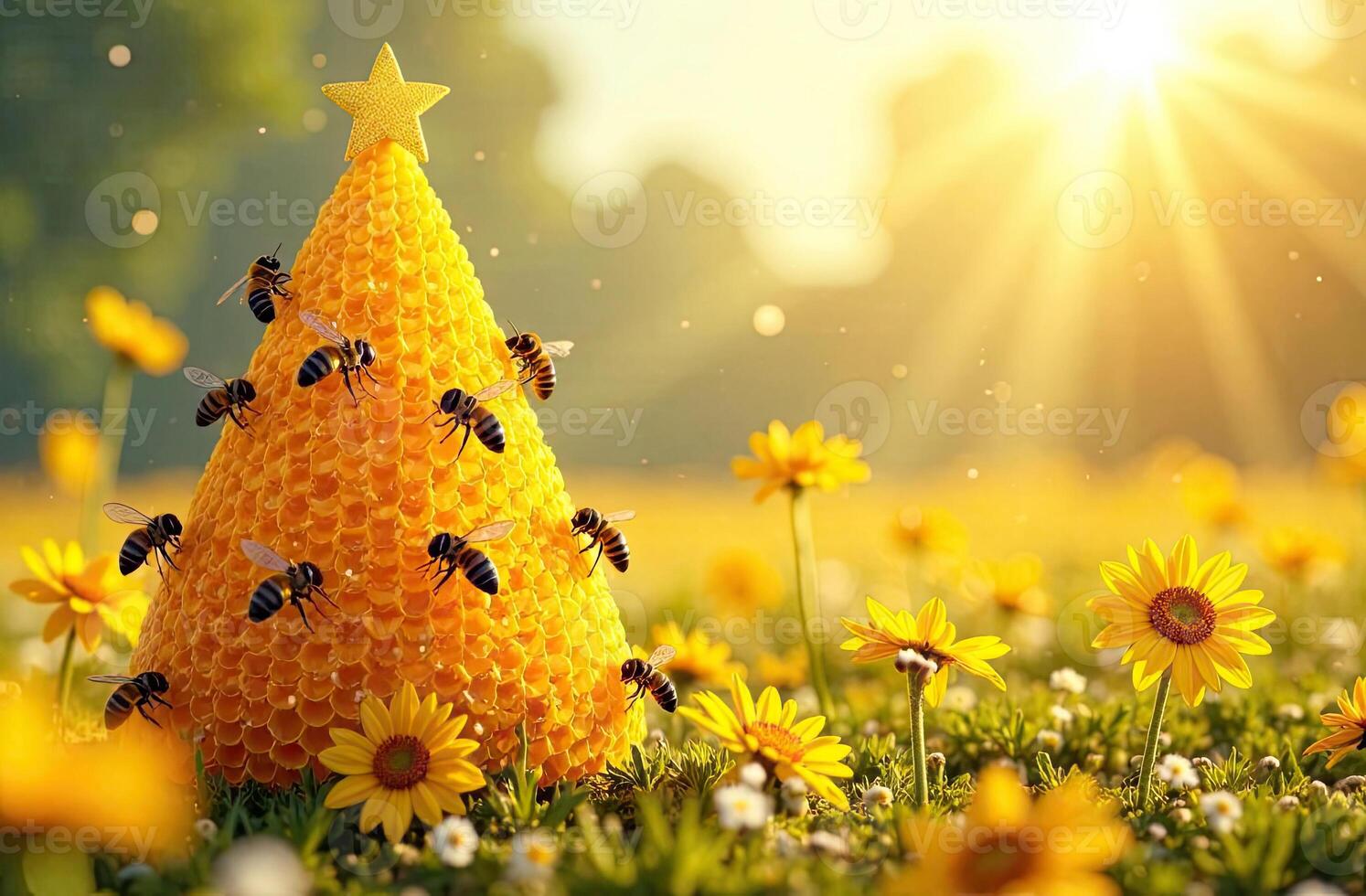A bee hive shaped christmas tree is in the middle of a field photo
