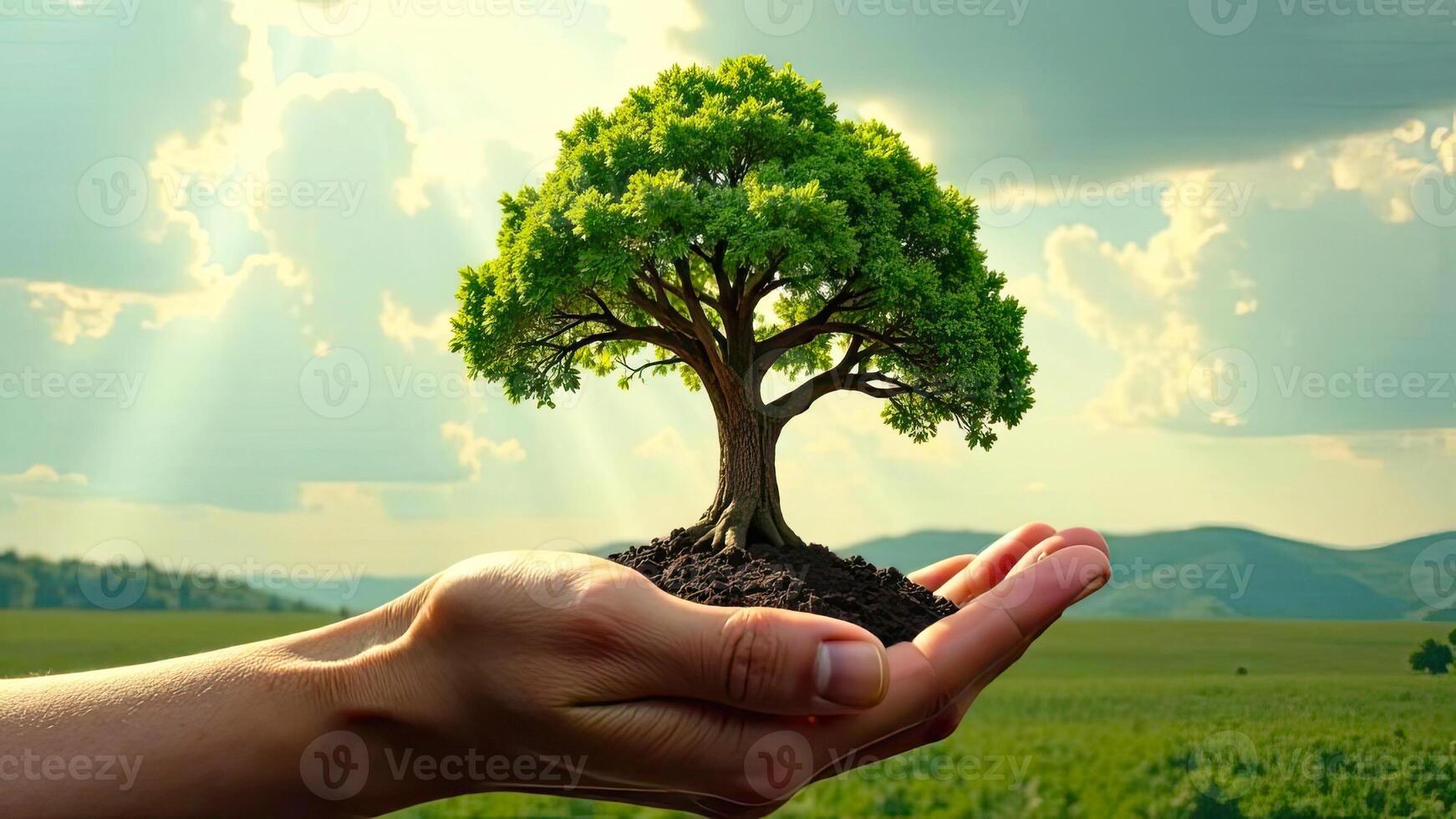 A hand holding a tree with dirt on it photo