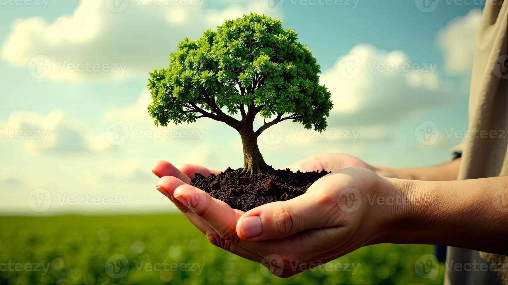 A hand holding a small tree in the field photo