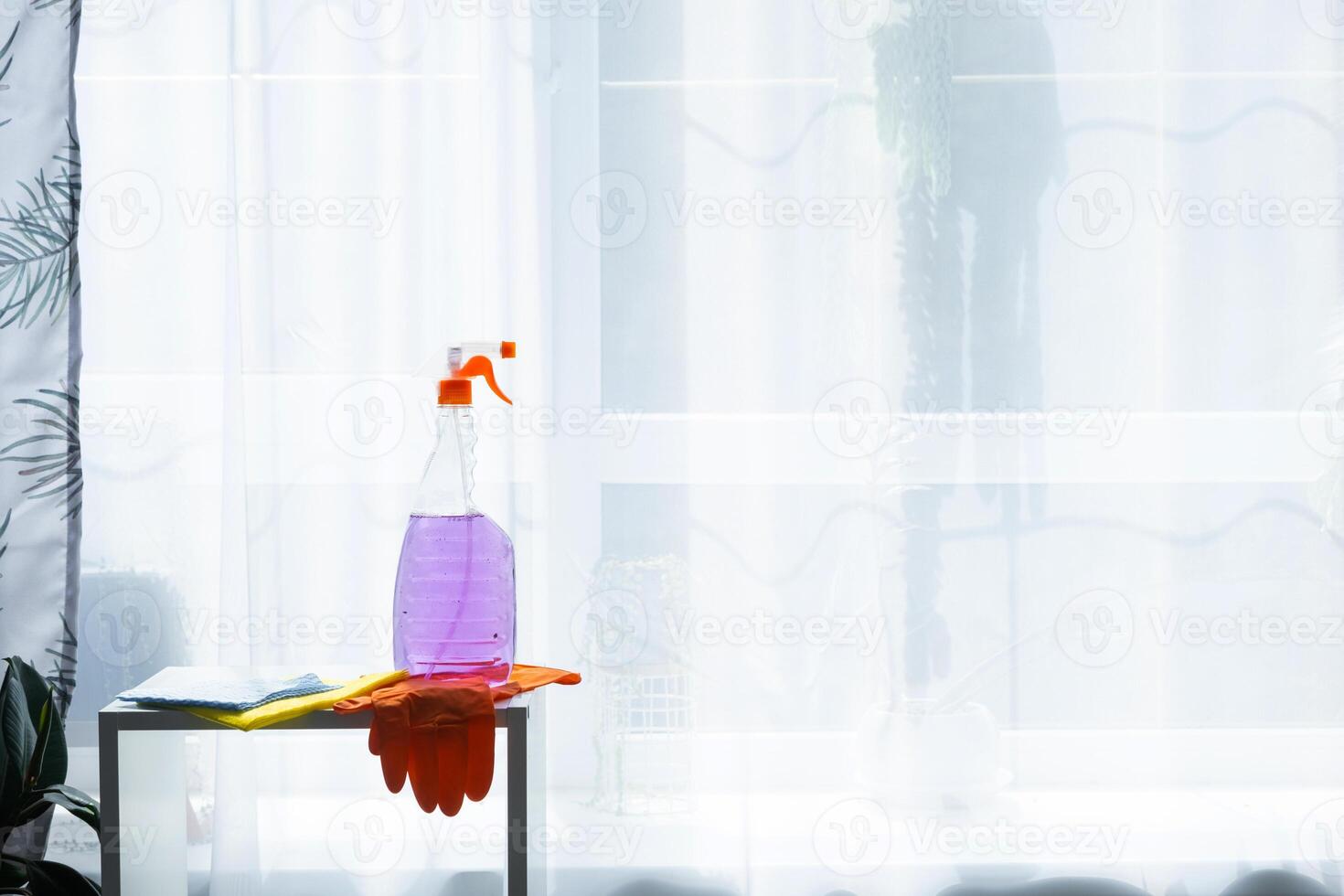 A bottle of cleaning solution and a bottle of bleach on a table photo