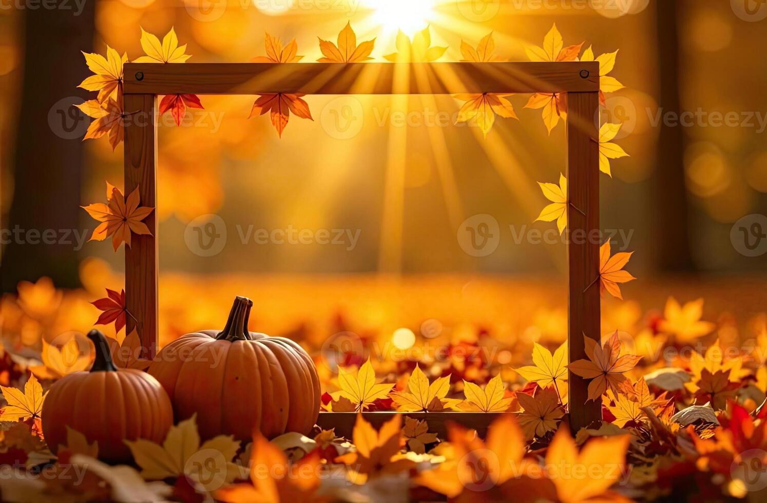 Autumn leaves and pumpkins in frame with sun shining through photo