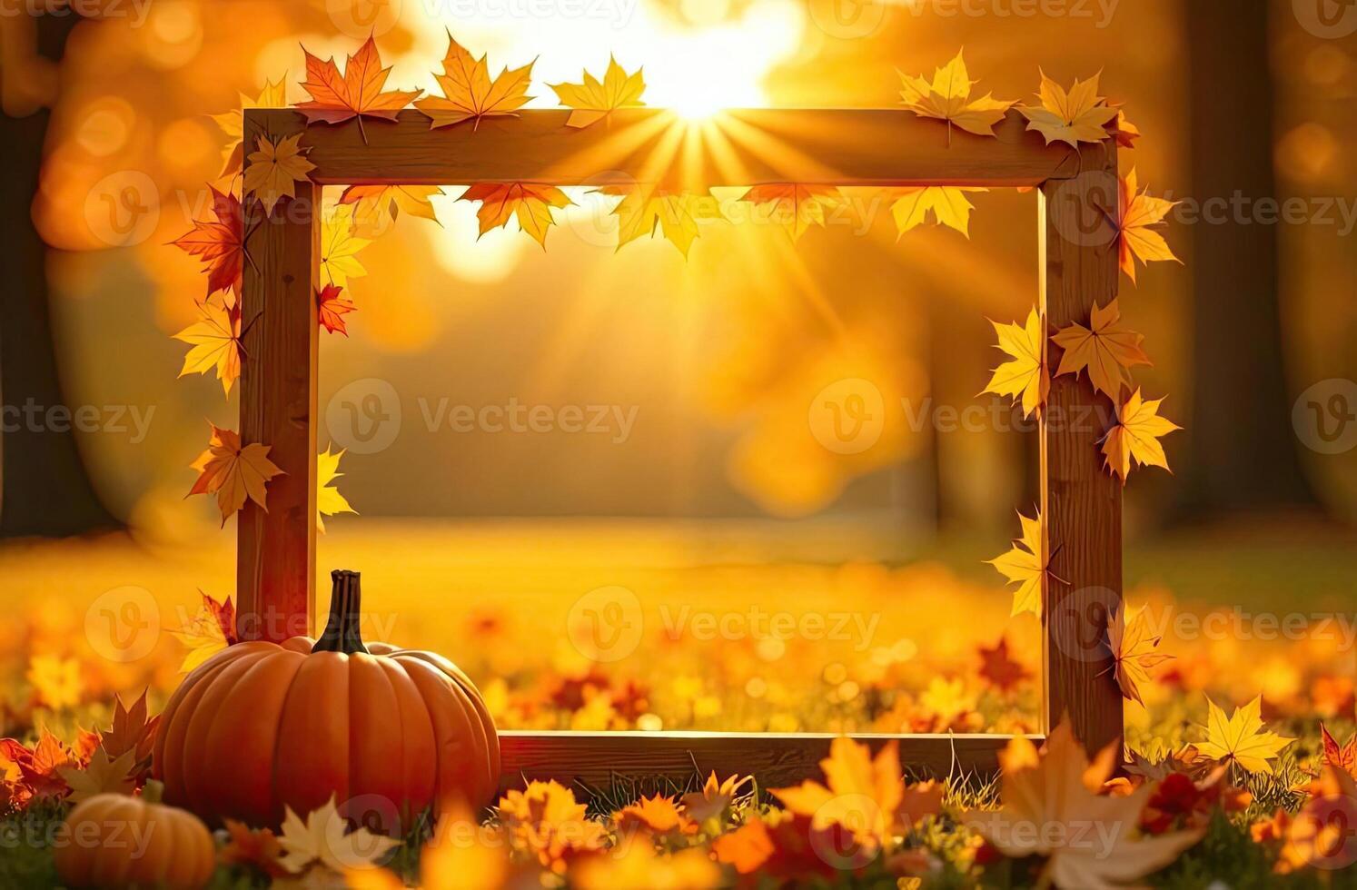 Autumn leaves and pumpkins in a frame photo