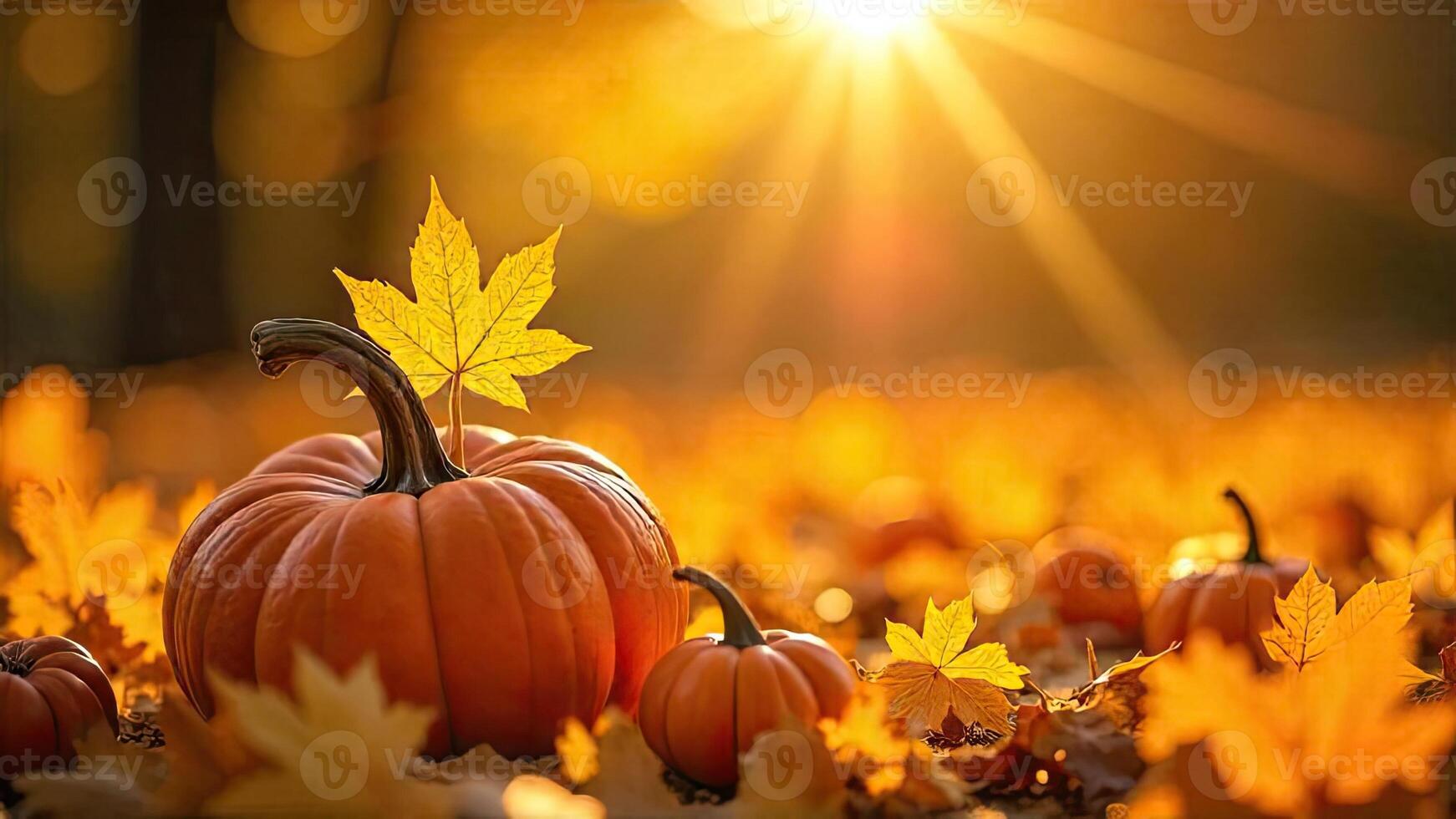 Pumpkins and leaves in the sun with the sun shining photo