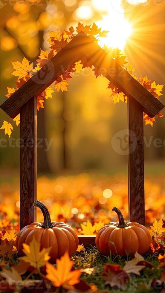 Autumn pumpkins and leaves in a wooden frame photo