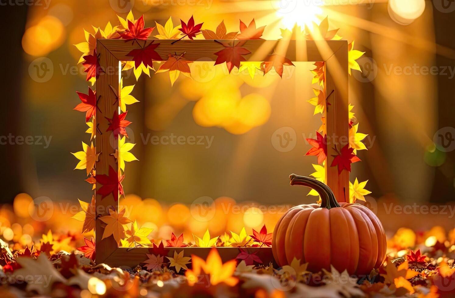 Autumn leaves and pumpkin frame on the ground photo