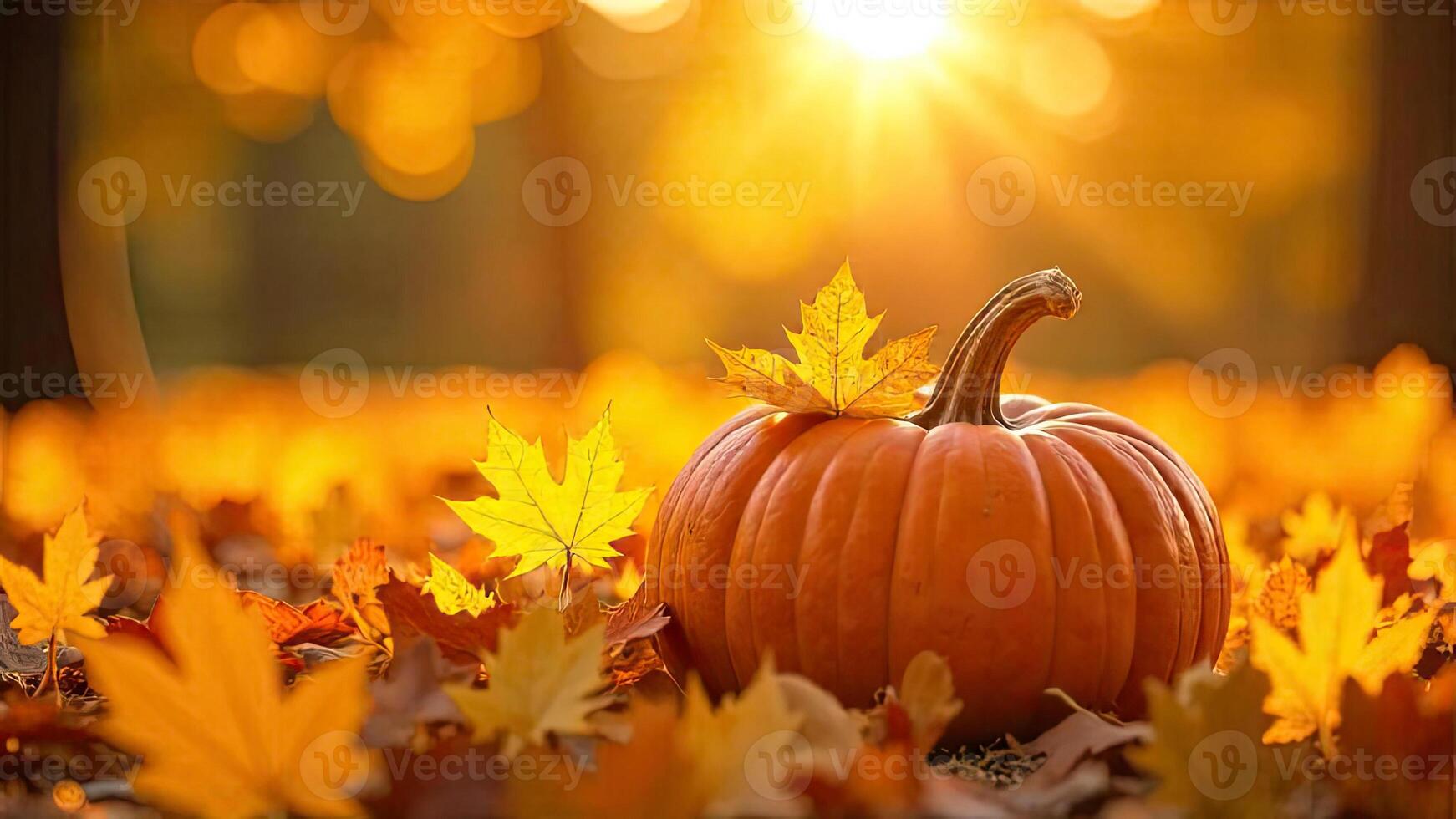 A pumpkin sitting on the ground surrounded by leaves photo