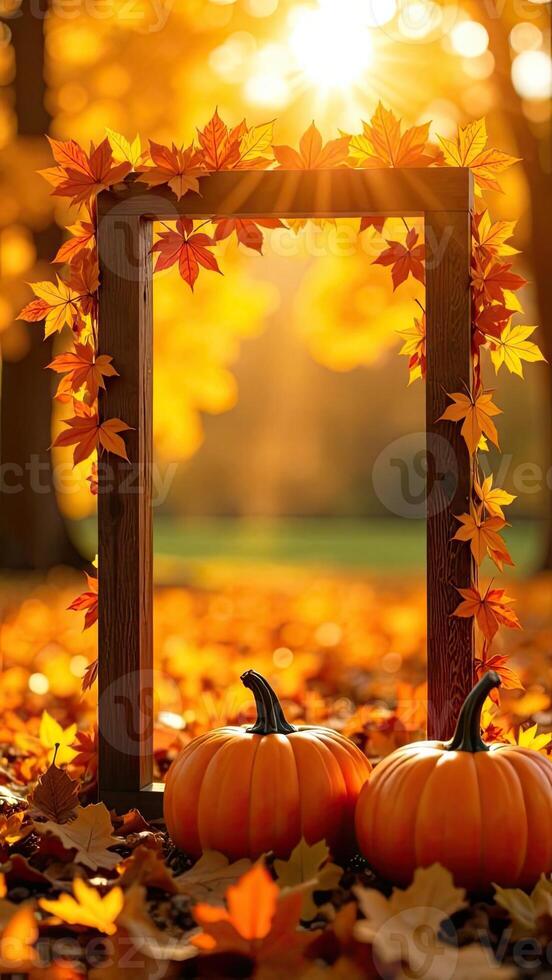 Pumpkins and leaves in a frame on the ground photo