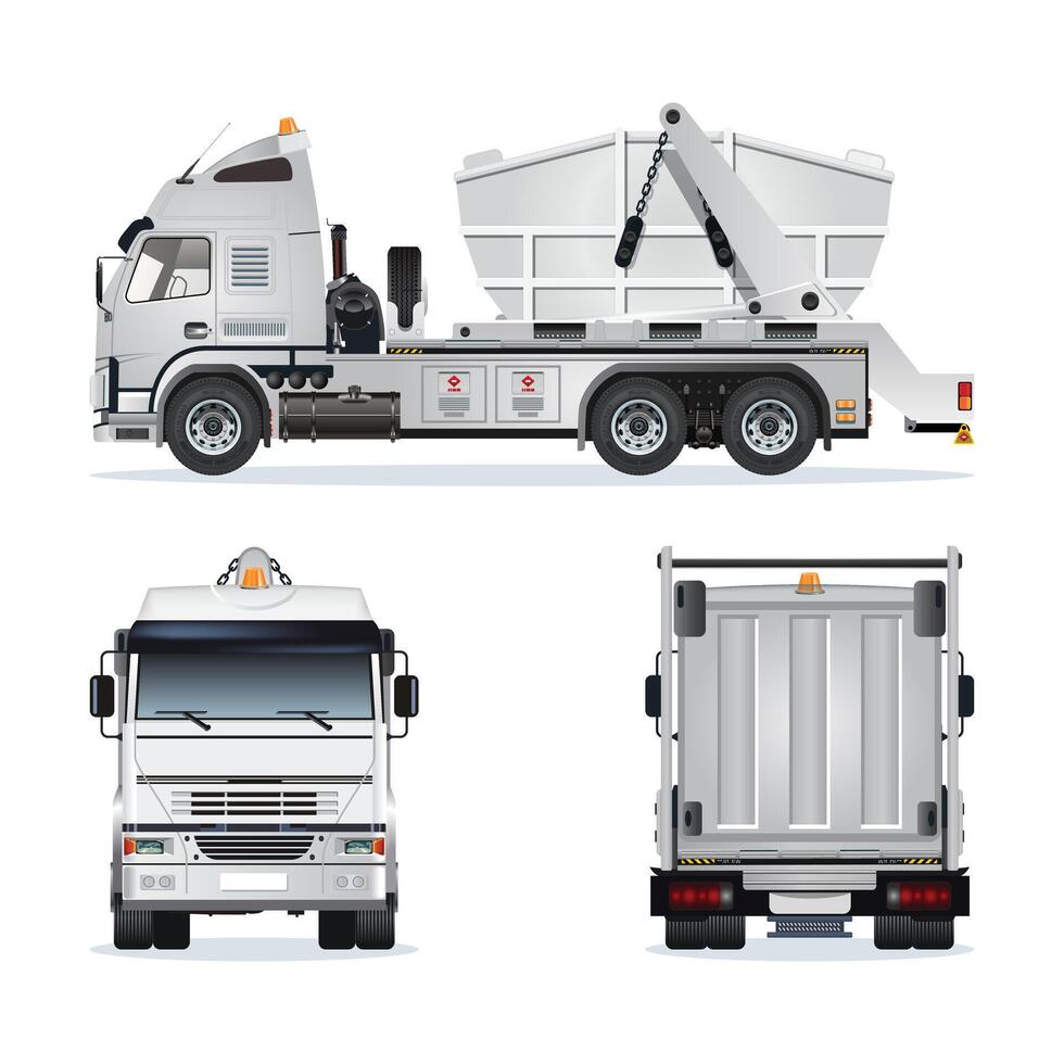 Dump truck with crane for material transport vector