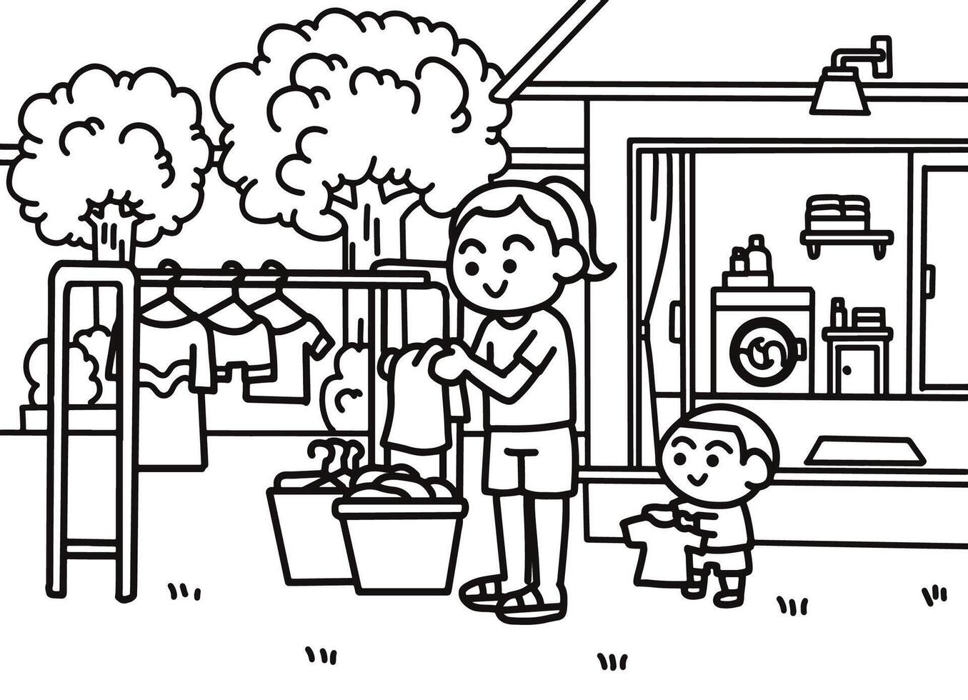 Family doing laundry in backyard vector