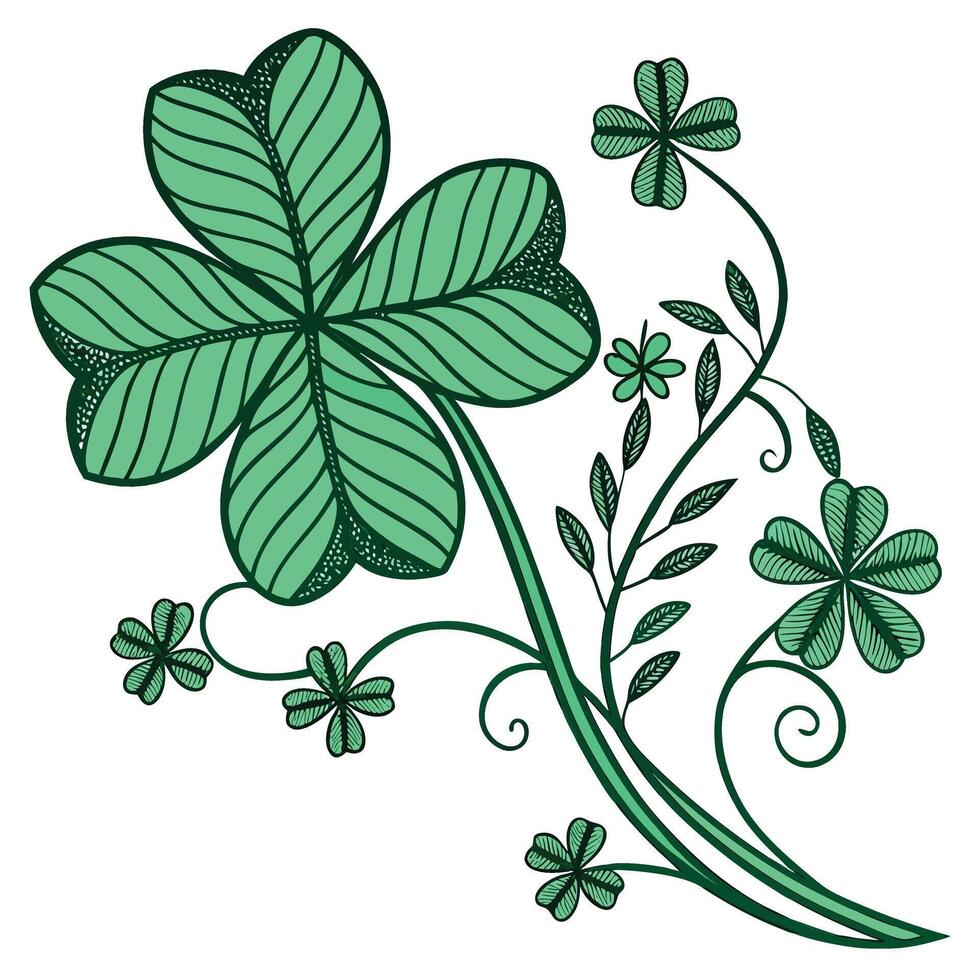 Elegant Green Shamrock Illustration Detailed Four-Leaf Clover with Flourishing Vines, Festive St. Patricks Day Design vector