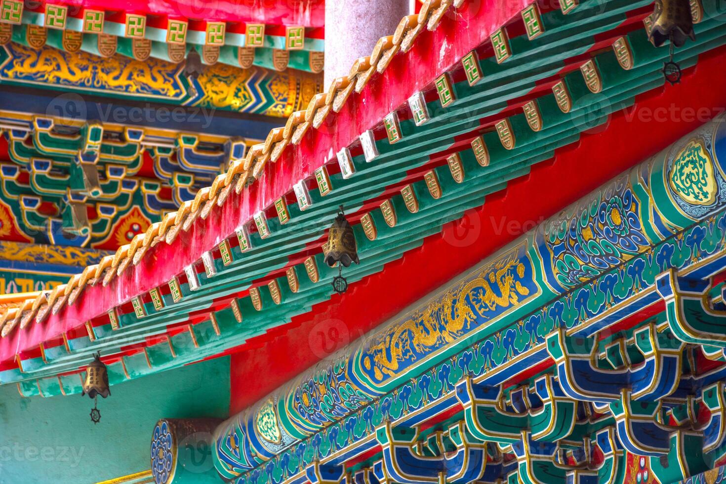 A close up of the colorful roof of a building photo