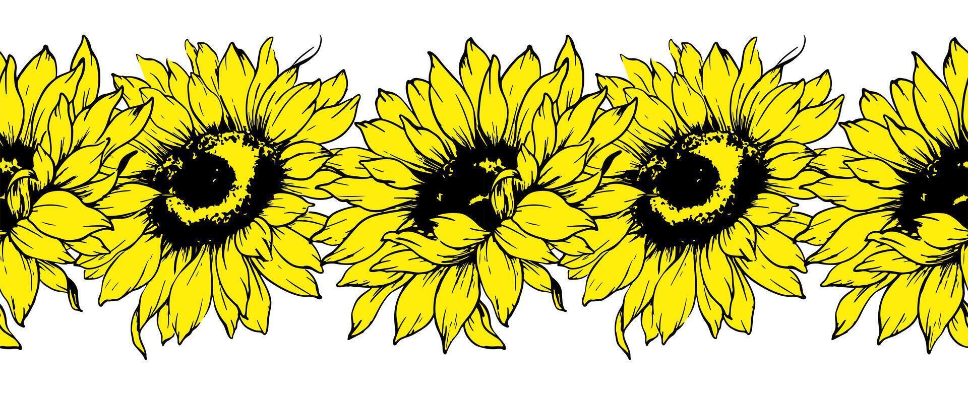 Sunflower Garland Seamless. Seamless Horizontal Sunflowers Background. Sunflower Line Art Drawing. Seamless Flower Design. Botanical garland seamless. Border Frame vector