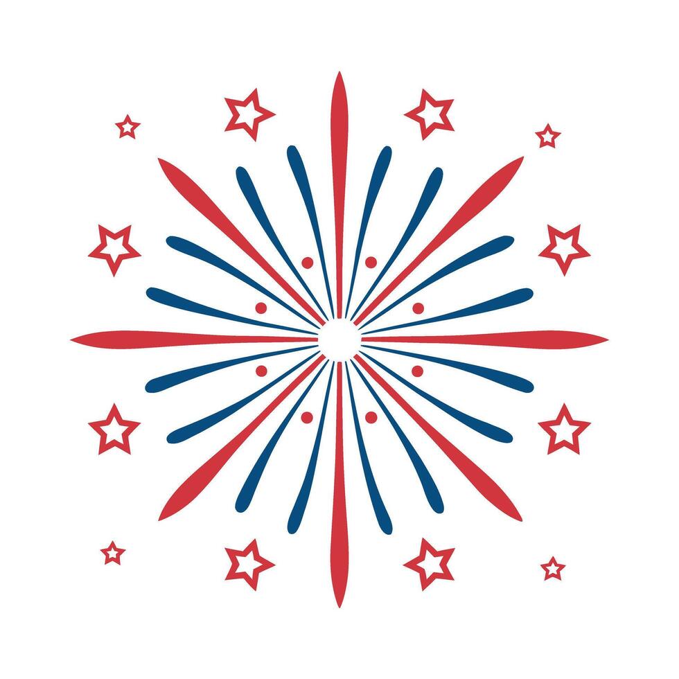 Festive Fourth of July Fireworks Design with Red and Blue Stars and Bursts on a White Background for Patriotic Celebrations and Events vector
