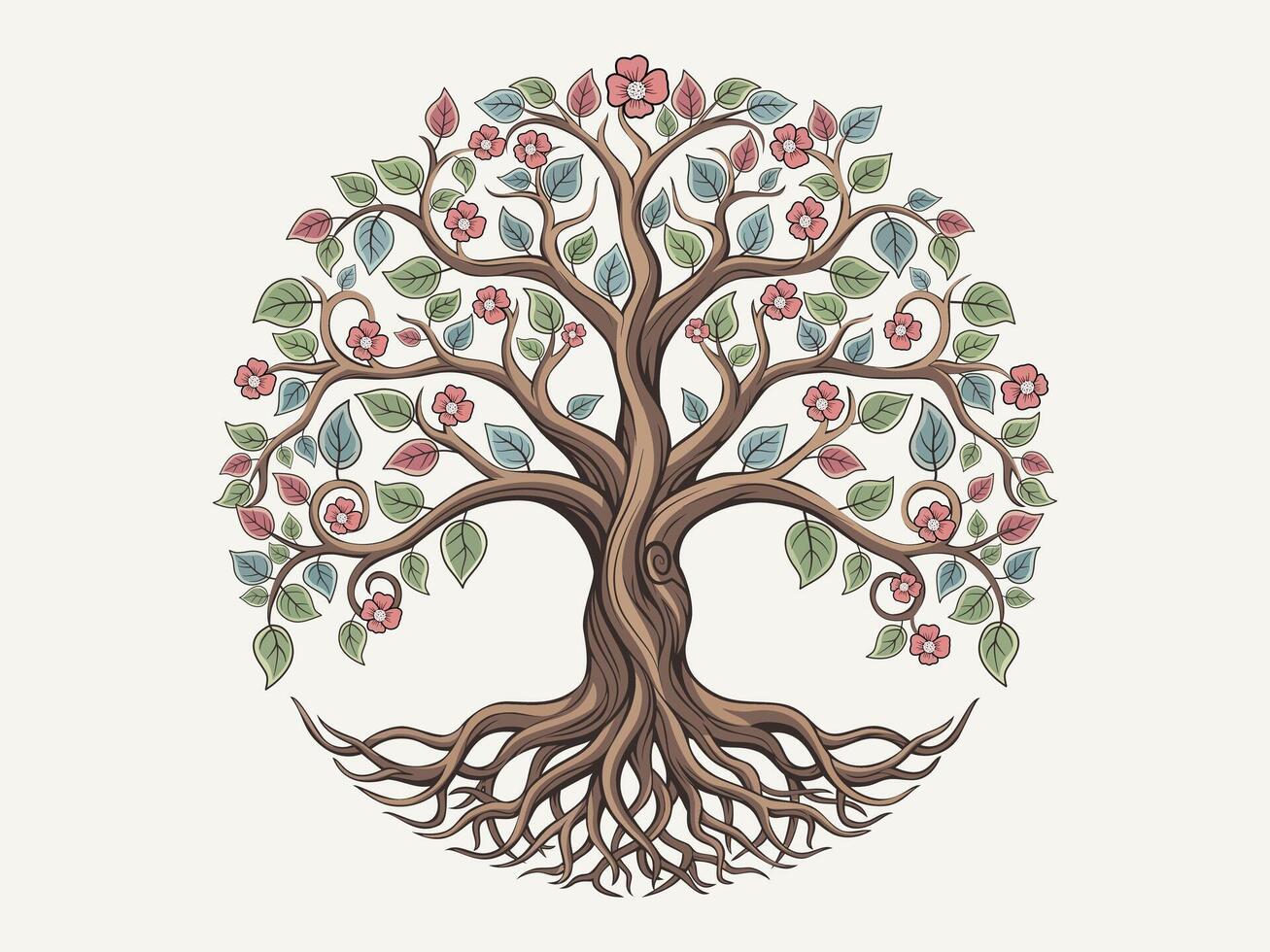 Trees and root with leaves and flowers for Tree of life concept or nature logo. vector