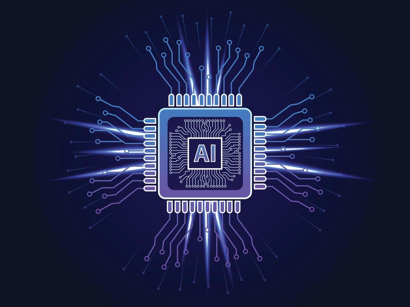 Brightly glowing AI chip on light circuit board on technology blue background. CPU processor or semiconductor on tech background. Computer microchip on motherboard. vector