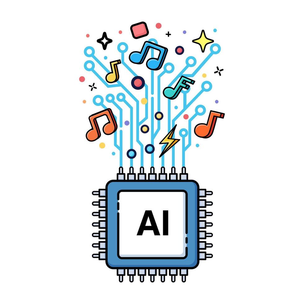 AI Music Creation. Illustration showcasing an AI chip connected to digital circuits, releasing musical notes and various sound symbols. reflecting the role of AI in music. vector