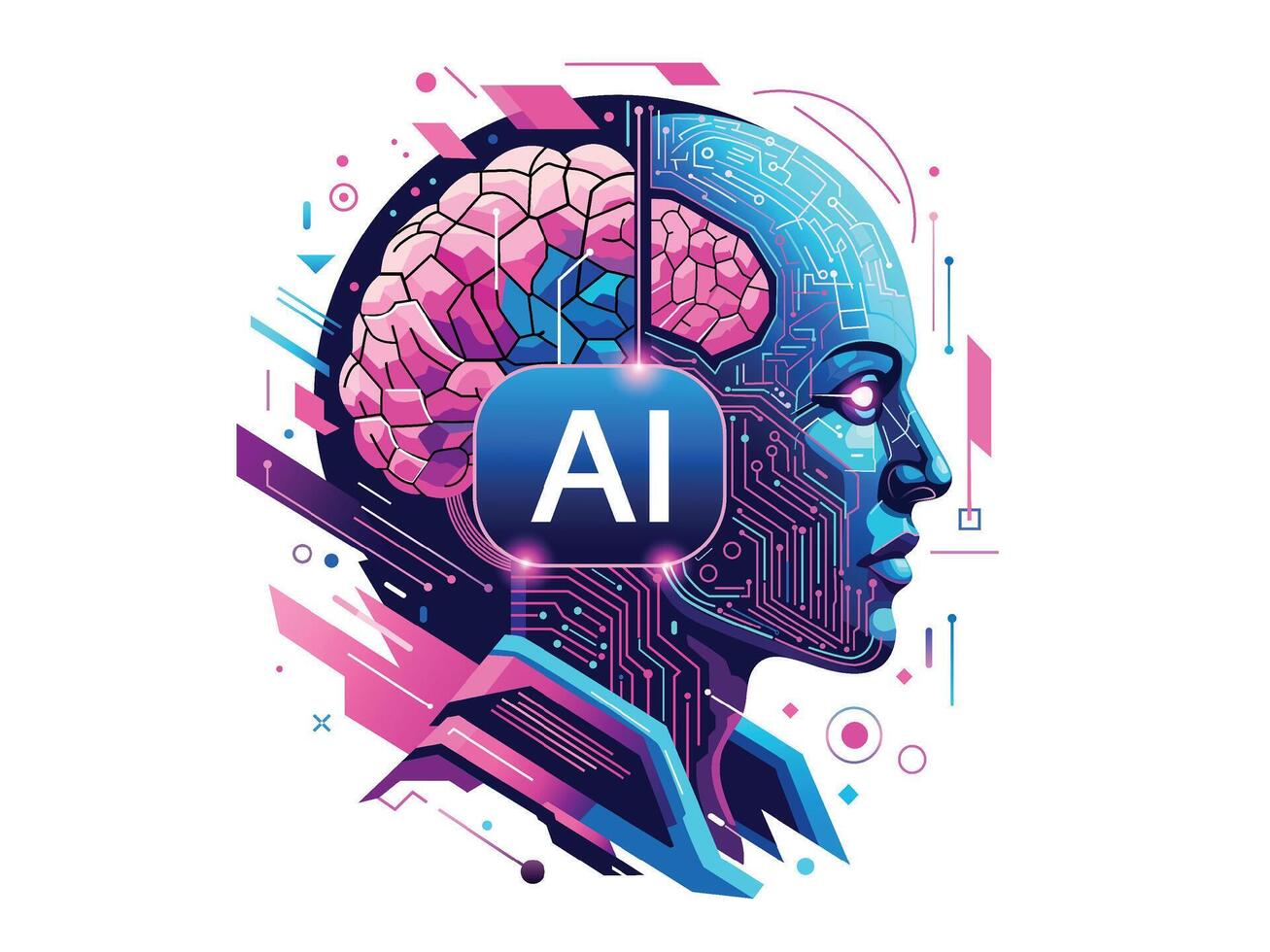 Futuristic AI concept. Half human, half digital brain for technology ai. illustration . vector