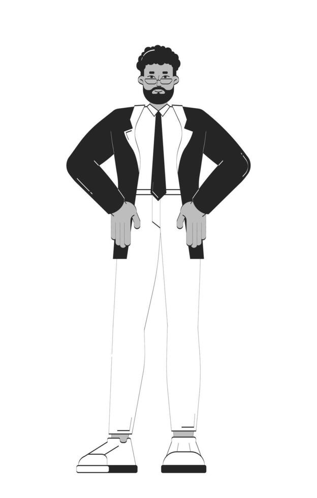 Confident black businessman standing with hands on hips doodle linear character. African american corporate leader 2D outline person isolated. Hand drawn drawing illustration monochrome vector