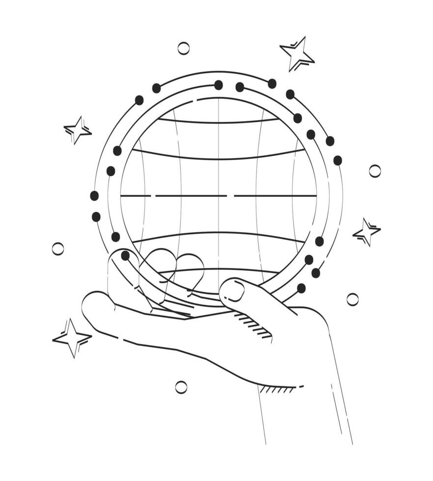 World in hand doodle line illustration concept. Global connectivity. Worldwide web data. Connected planet. Holding globe wireframe 2D outline composition isolated. Hand drawn ink metaphor monochrome vector