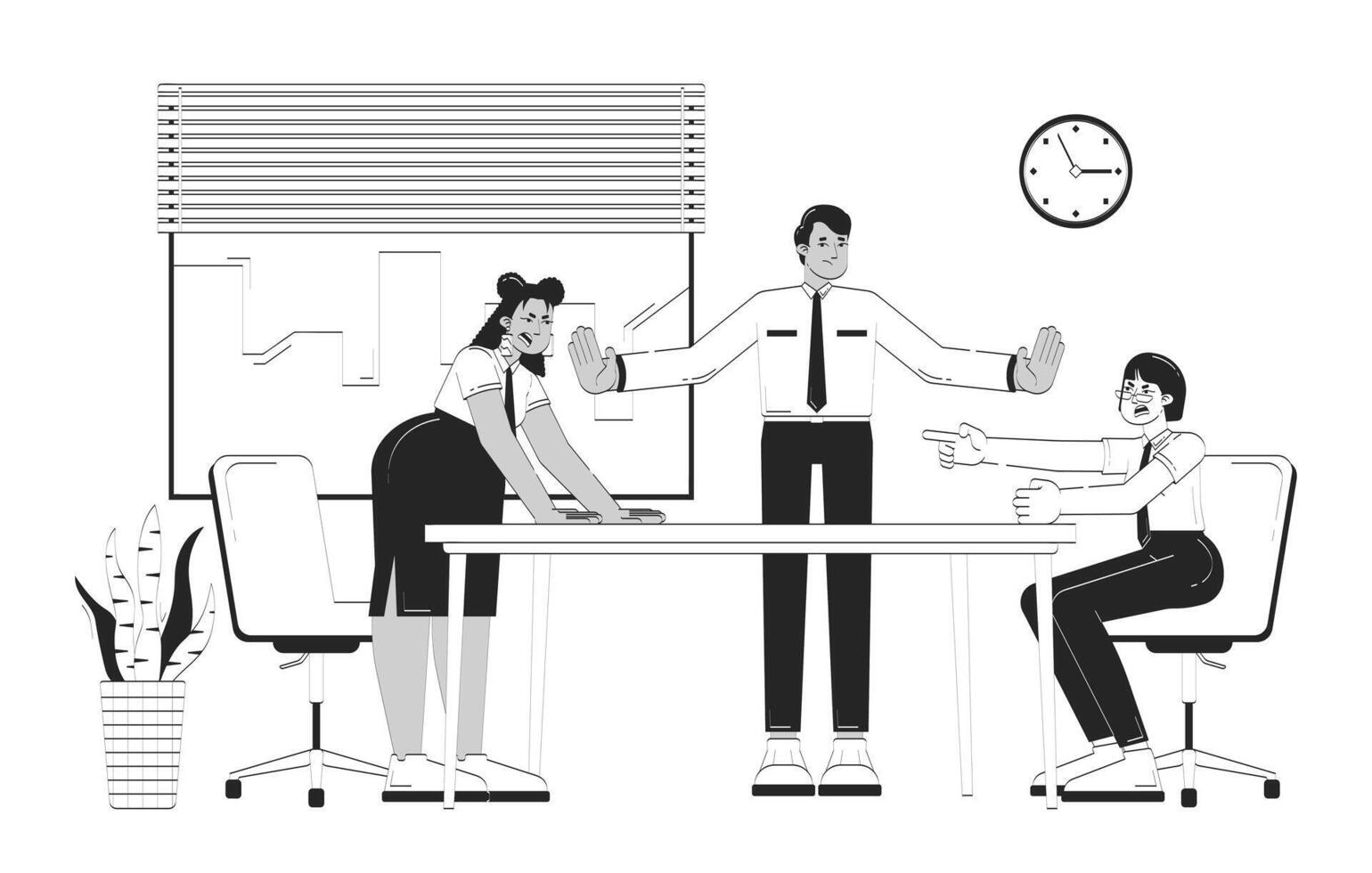 Conflict resolution doodle lineart illustration. Business mediation negotiation. HR manager calming down argument 2D line ink characters isolated on white. Monochrome outline hand-drawn vector