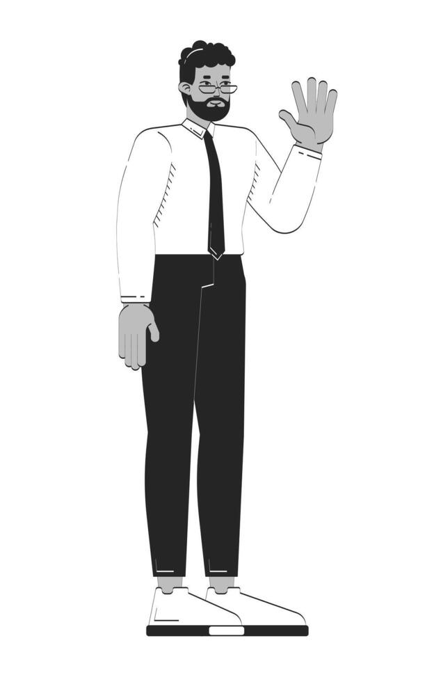 Bearded black male employee greeting doodle linear character. African american man in office attire raising hand hello 2D outline person isolated. Hand drawn drawing illustration monochrome vector