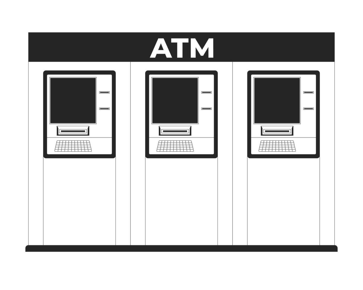 Row of ATM machines for public banking 2D line object. Automated teller devices withdrawal. Financial self service cashpoints isolated clipart ink outline item. Monochrome spot illustration vector
