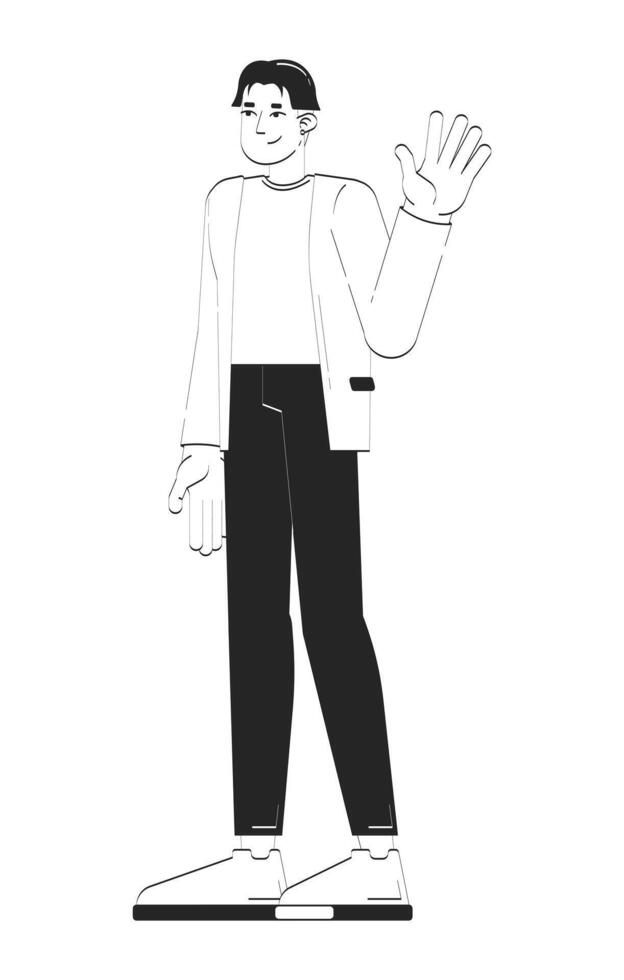 Approachable korean male employee in blazer greeting doodle linear character. Company welcome. Professional man chinese 2D outline person isolated. Hand drawn drawing illustration monochrome vector