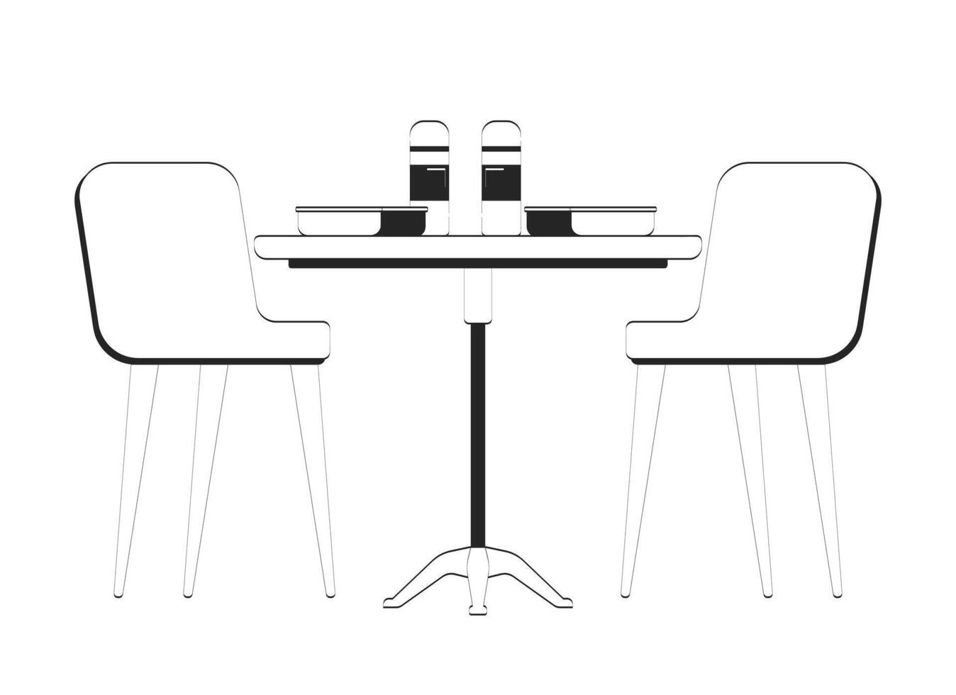 Office cafeteria lunchtime lunch boxes doodle linear object. Breaktime with two chairs table, meal prep thermos 2D outline clip art drawing isolated on white. Hand drawn sketch illustration vector