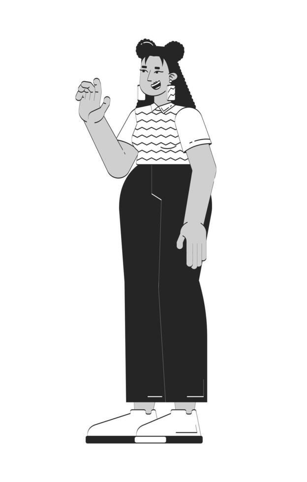 Smiling latin american female employee waving doodle linear character. Latina office worker with earrings and sweater vest 2D outline person isolated. Hand drawn drawing illustration monochrome vector