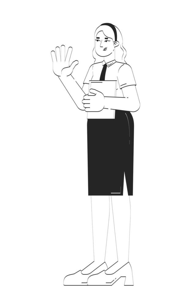 Friendly office worker woman waving hello, holding folder doodle linear character. Blonde female employee greeting 2D outline person isolated. Hand drawn drawing illustration monochrome vector