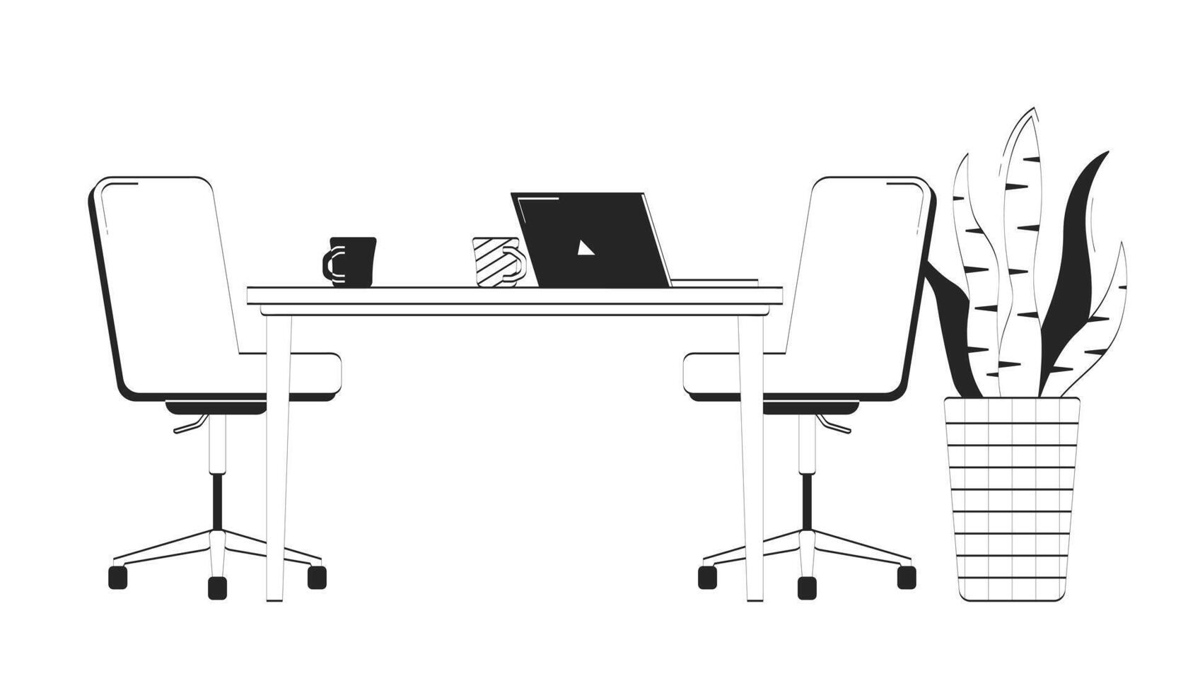 Office setup with laptop and coffee mugs doodle linear object. Desk with swivel chairs, snake plant, notebook 2D outline clip art drawing isolated on white. Hand drawn sketch illustration vector