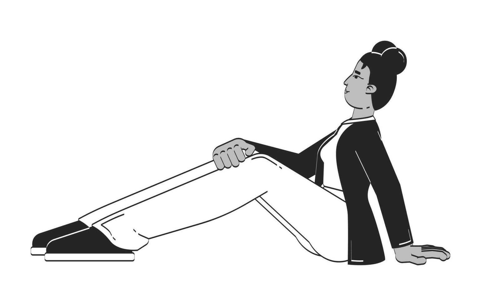 Casual black female employee sitting, leaning back doodle linear character. African american corporate woman comfortable 2D outline person isolated. Hand drawn drawing illustration monochrome vector