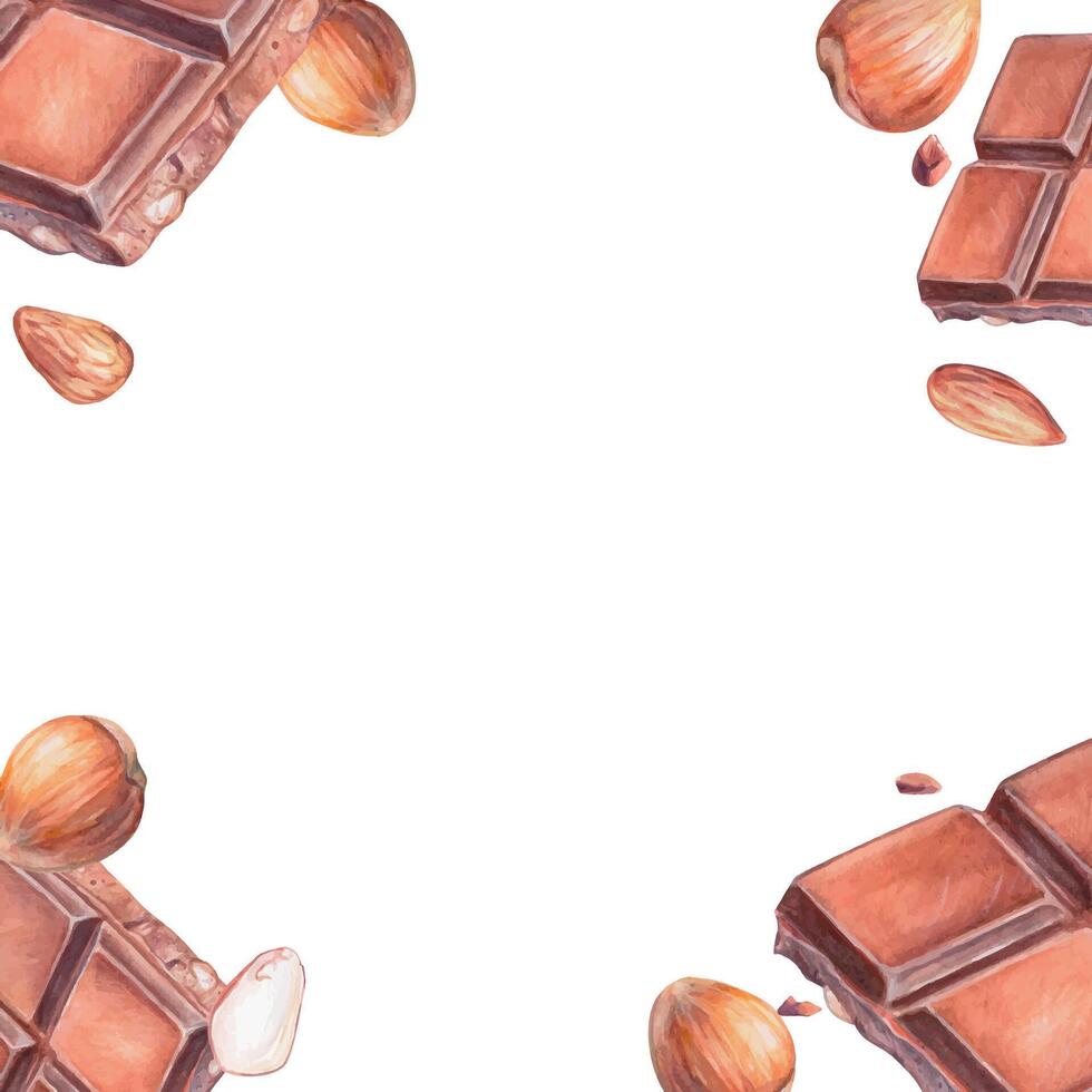 Square watercolor frame with dark chocolate bars, hazelnuts, almonds, and chocolate chips. Sweet dessert-themed border perfect for menus, packaging, invitations, and branding. vector