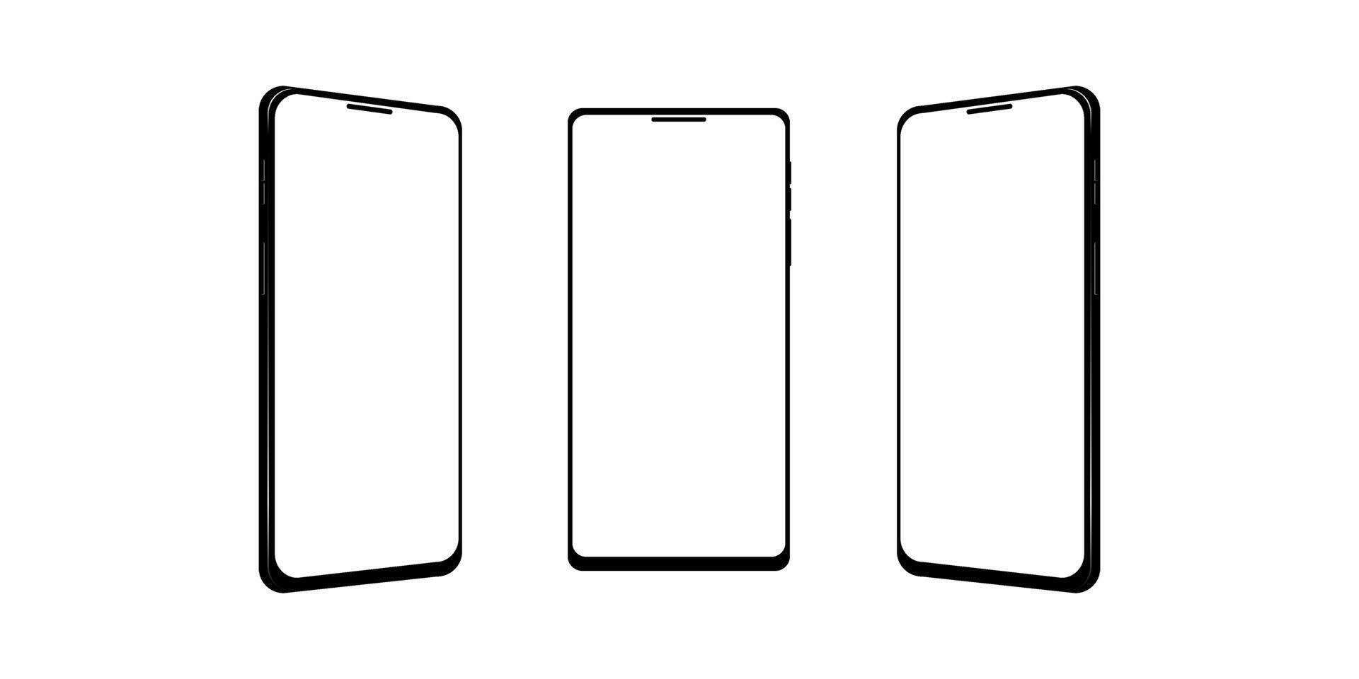 Three smartphones with blank screens on a white background vector