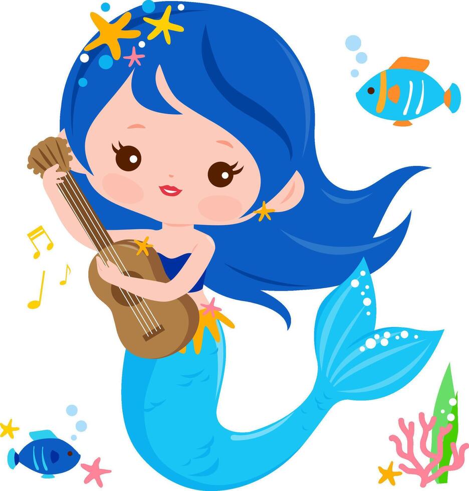 A cute mermaid playing music with her guitar and colorful fish. Beautiful mermaid princess and sea animals under the sea. vector