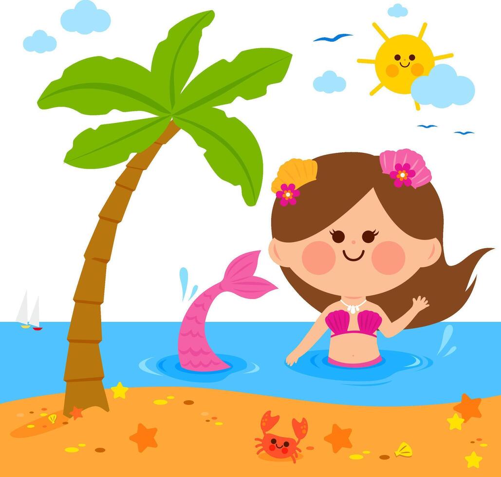 Pretty mermaid on summer island vacations. Beautiful mermaid swimming in the water near the beach with palm tree and cute crabs in the sand. vector