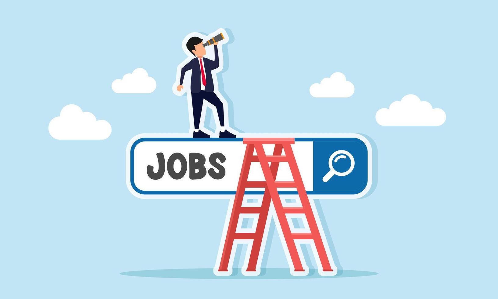 Businessman climbing a search bar labeled jobs while looking through a telescope to the sky illustration of job vacancy hire search and employee recruitment vector