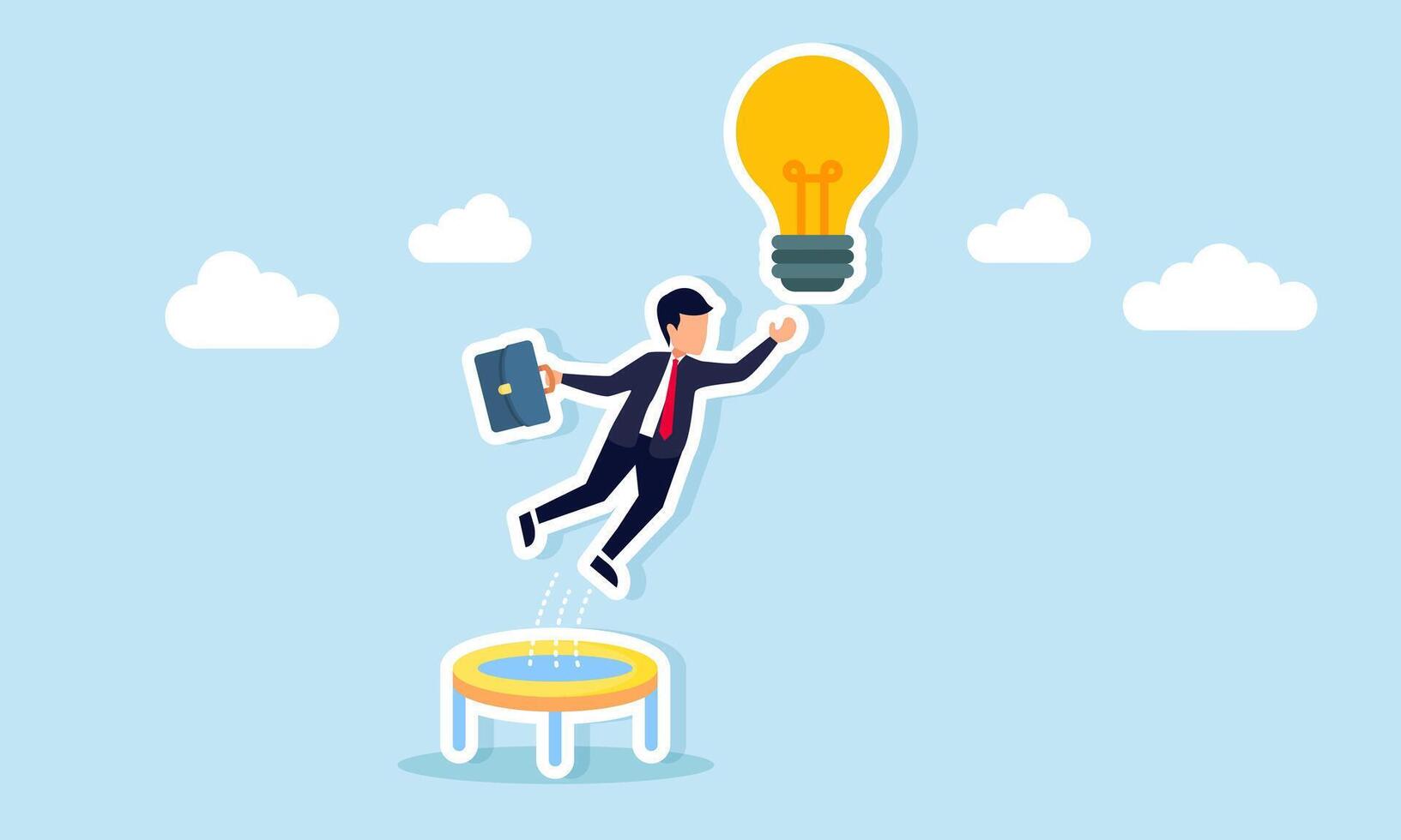 Businessman jumping on a trampoline to reach a light bulb illustration of hard work and effort to gain a business idea vector