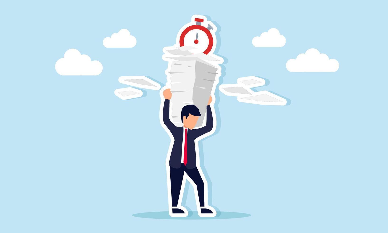Businessman lifting a tall stack of papers with an alarm clock on top illustration of meeting deadlines to complete business work targets vector