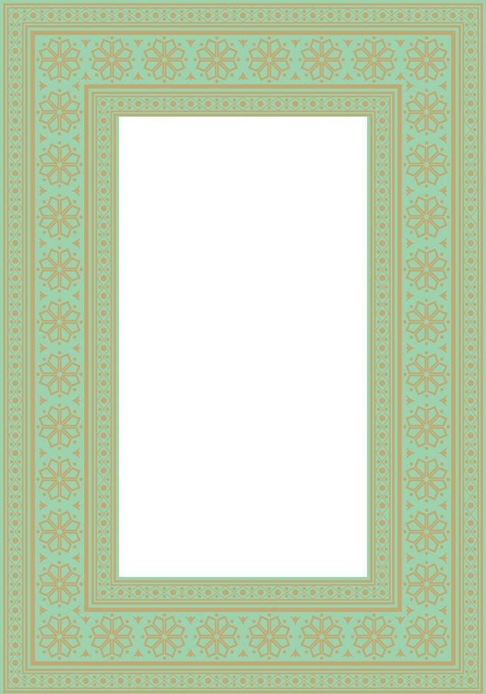 square gold with green ancient Russian ornament. Slavic rectangle, border, frame. Painting of the royal chambers vector