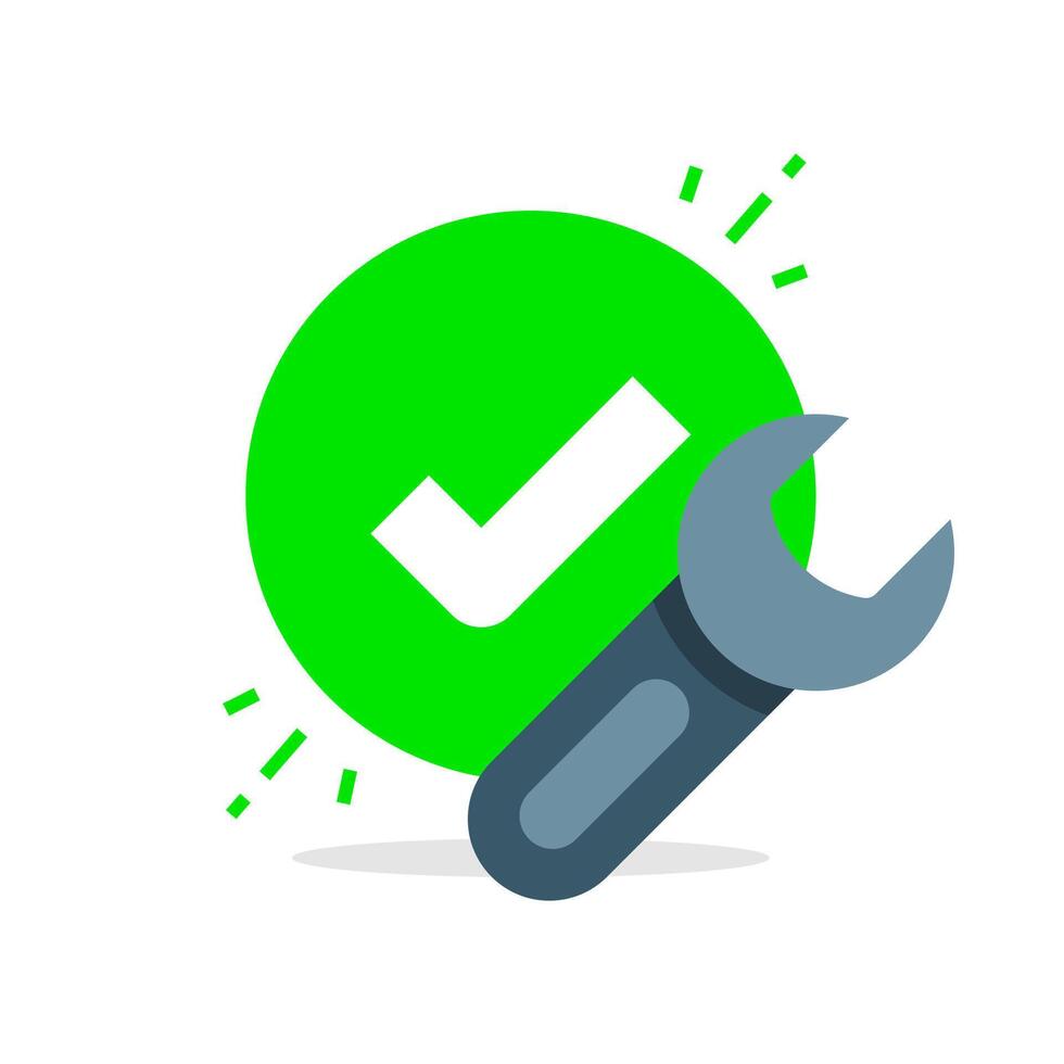 Illustration of wrench and check mark. successful repair, completed maintenance, or resolved technical issues. for concepts of system fix, mechanical service done or software troubleshooting complete vector