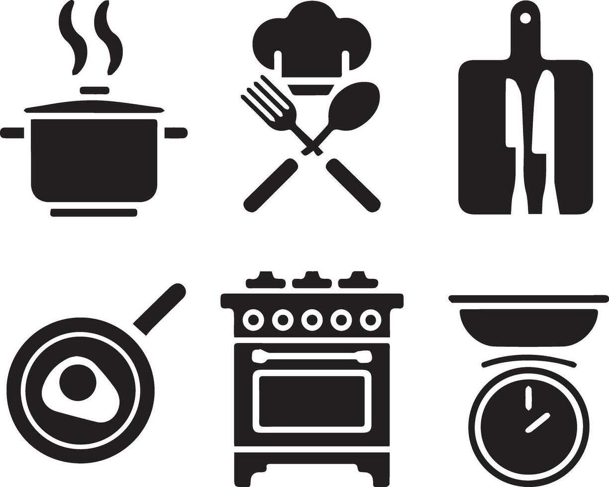 Essential Cooking Utensils and Kitchen Appliances, A Silhouette Icon Set vector