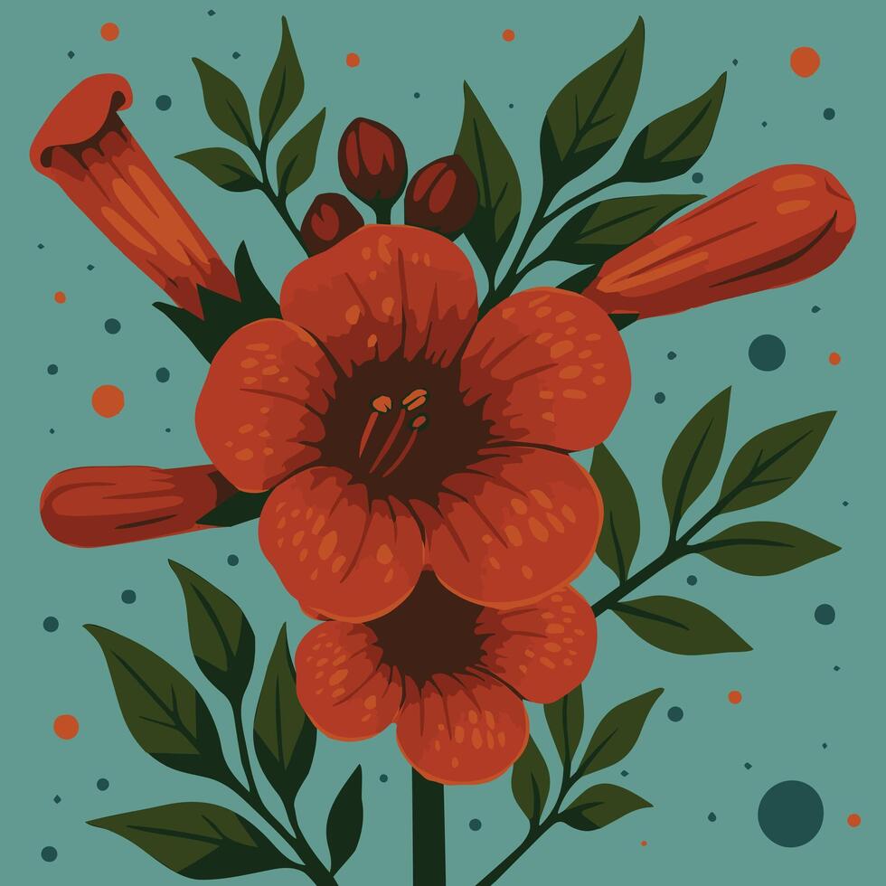 A vibrant red-orange trumpet flower with green leaves on a teal background, decorated with scattered colorful dots. vector