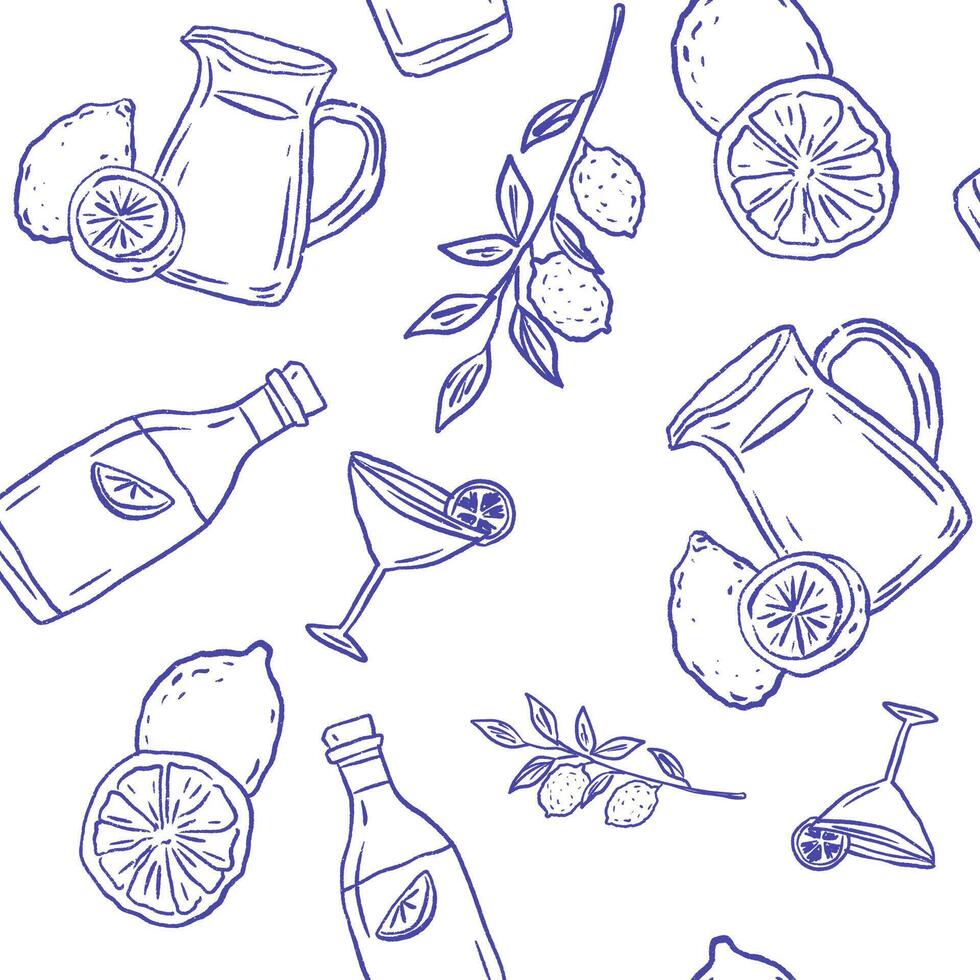 Whimsical seamless Italian coastal pattern with lemon, cocktail, bottle of limoncello, Mediterranean symbols inspired by Amalfi. Summer Italy vacation mood. illustration relaxed crayon sketch. vector
