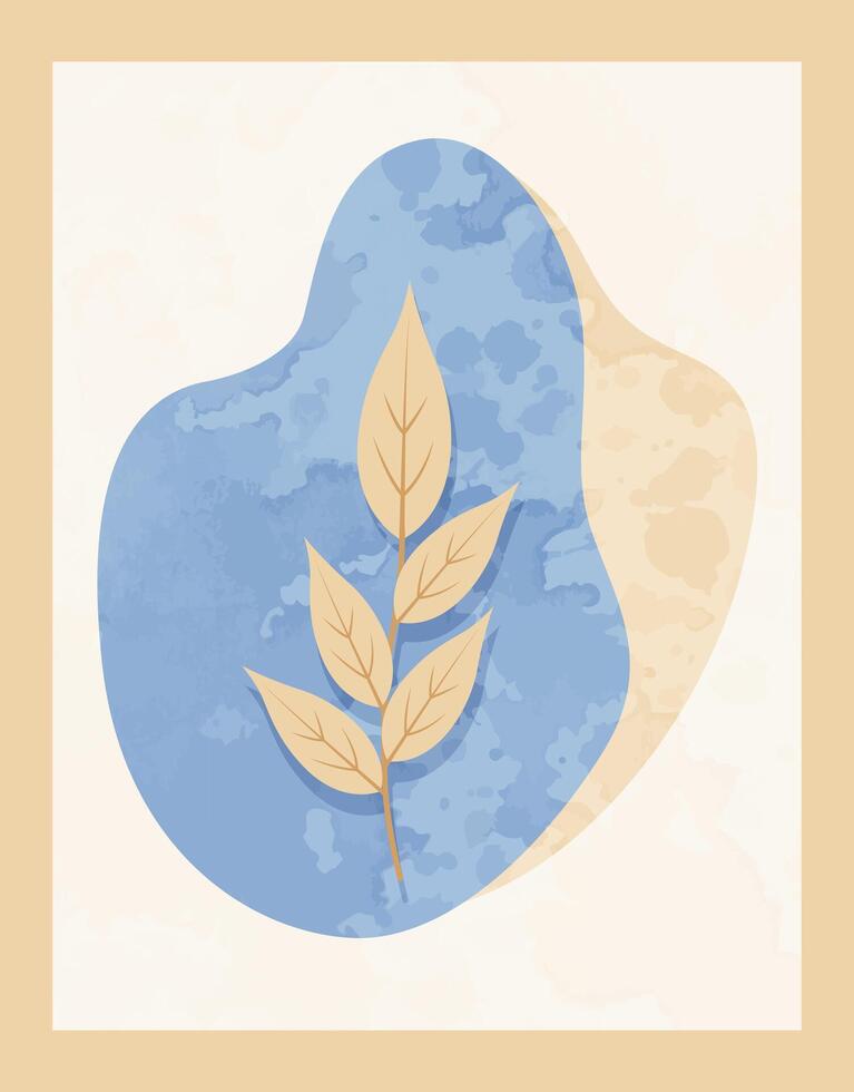 Abstract Botanical Poster with Beige Leaf and Watercolor Shapes Minimalist Wall Art vector