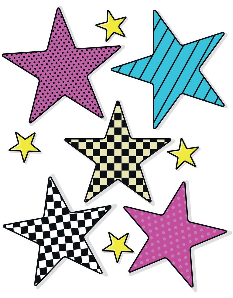 Pop Art Stars with Checkered and Dotted Patterns vector