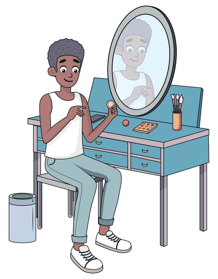 Young Man Doing Makeup at Vanity Table vector