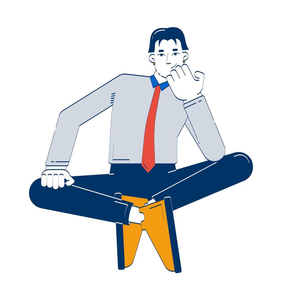 Pensive asian employee sitting cross-legged in thought 2D doodle character. Thoughtful chinese businessman crosslegged cartoon person drawing isolated on white. Hand drawn illustration colorful vector